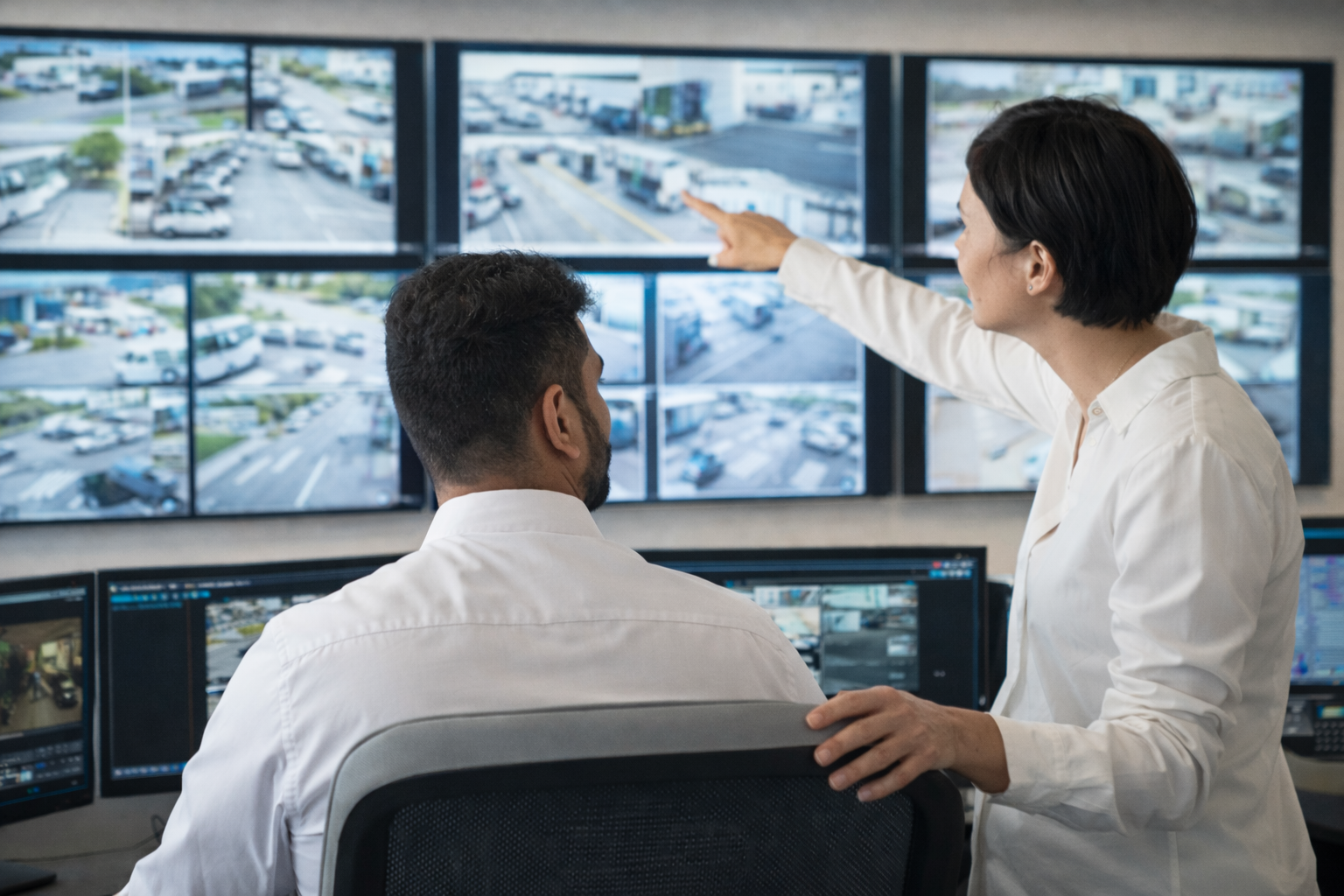 Technician installing security camera
